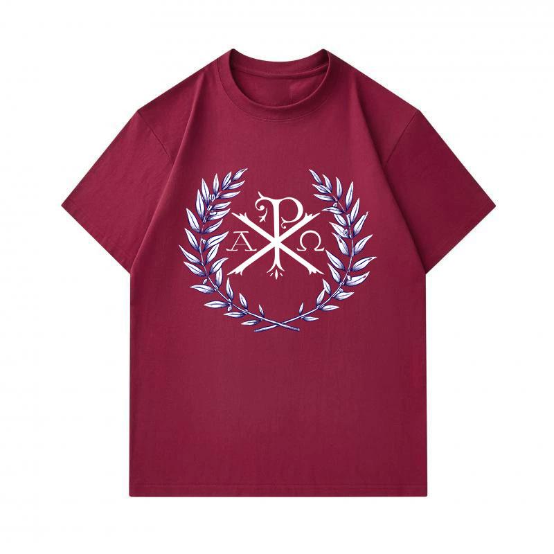 Men's 100% Cotton Crew Neck Short Sleeve T-Shirt, Chi Rho Alpha Omega Laurel Wreath Print Casual Comfortable Breathable Fashion Tee for Daily Wear Rel