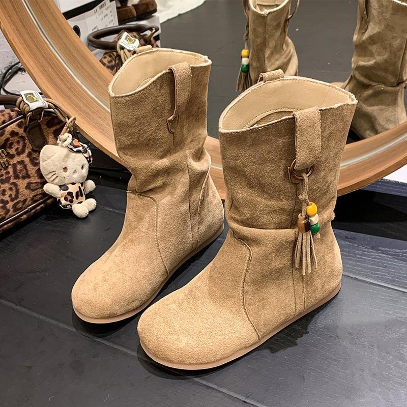 Autumn new retro sleeve round head flat bottom short boots slim western pile boots Martin boots women