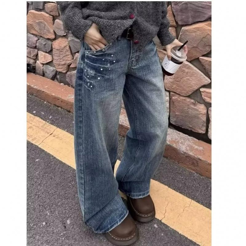 JYL Unisex Straight Jeans American Vintage Rivet Washed Loose Low-Waist Denim S бездна