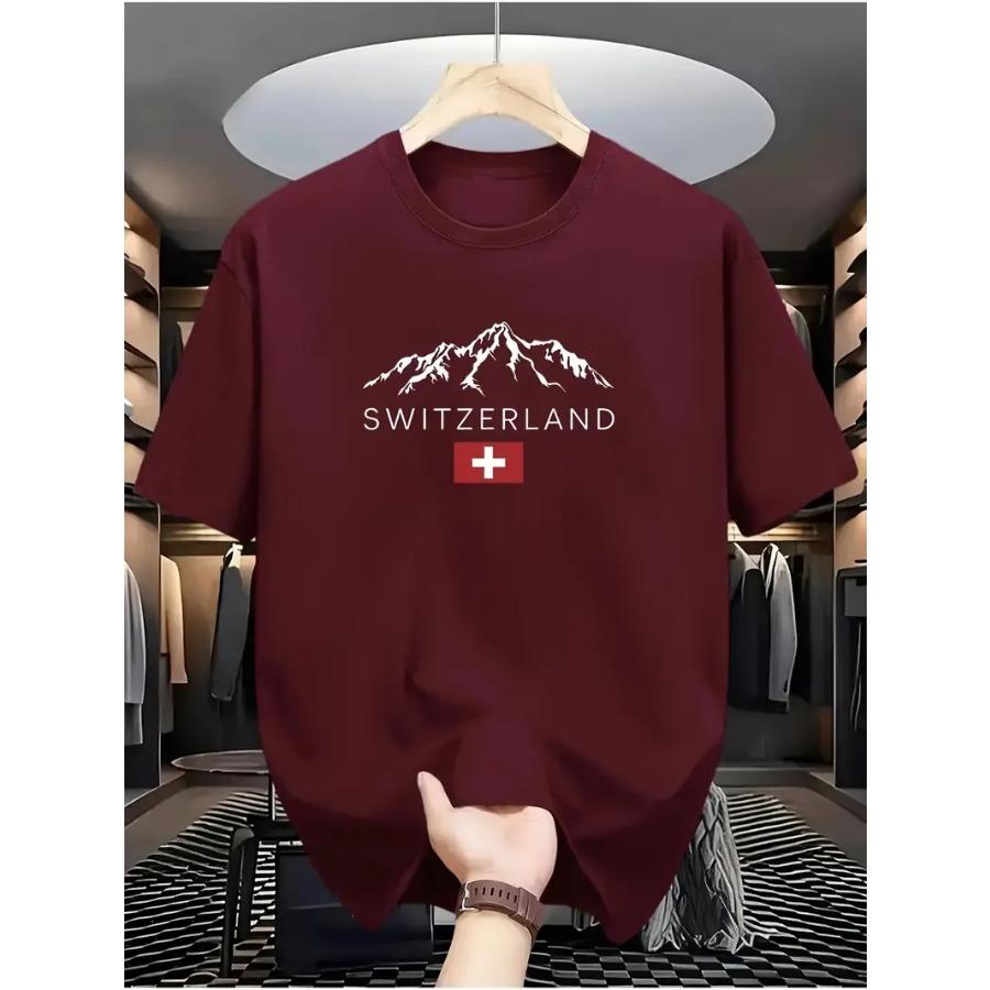 

Мужская повседневная хлопковая футболка, с круглым вырезом и короткими рукавами, с принтом в виде швейцарских гор, обычного стиля, слегка эластичная, подходит для всех сезонов 3XL вино красного