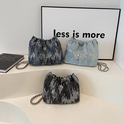 Mode Denim Damen Tasche Handtasche neu trendy einfach Kette Eimertasche lässige Schulter Umhängetasche