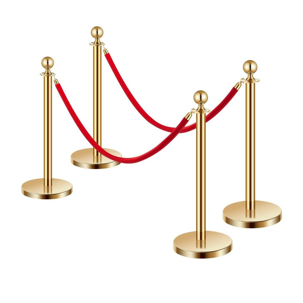 4 Pcs Gold Stanchion Post 2 Red Velvet Ropes Sand Injection Hollow Base