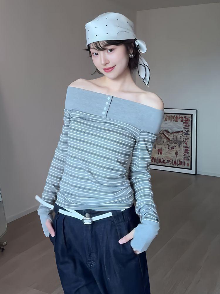 Women s French Retro Striped Off-Shoulder Grey Top S