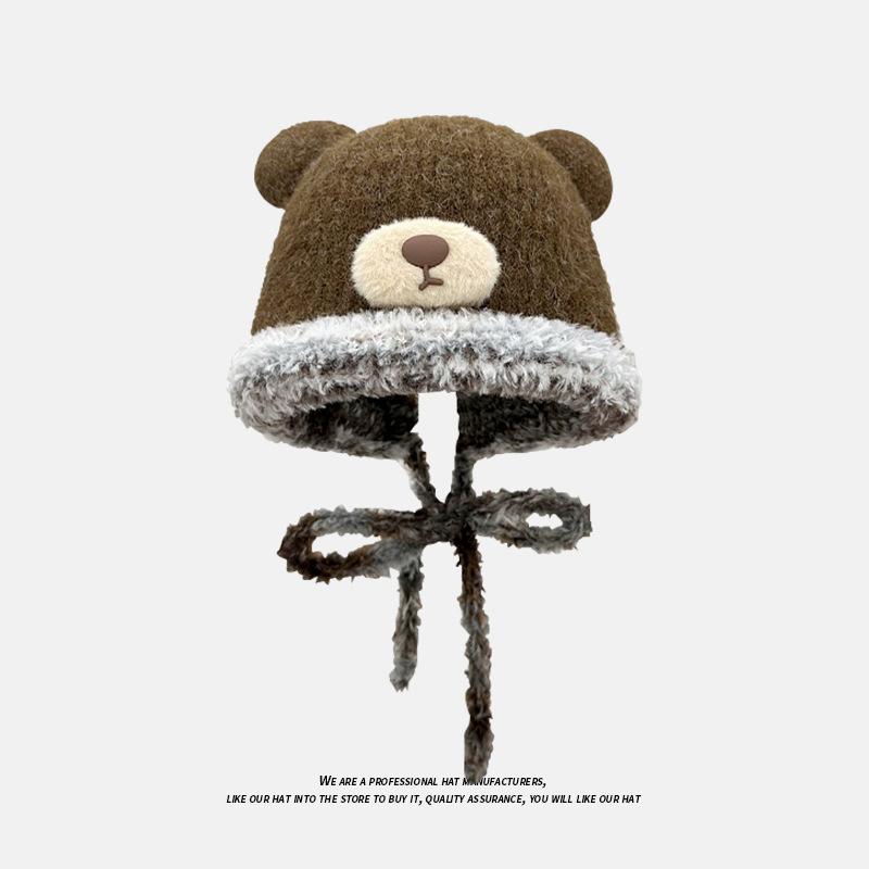 Cute Bear Plush Hat for Women in Winter Warm and Plush Woolen Hat To Protect Against Cold and Ear Protection One Hat Dual Purpose Bag Knitted Hat