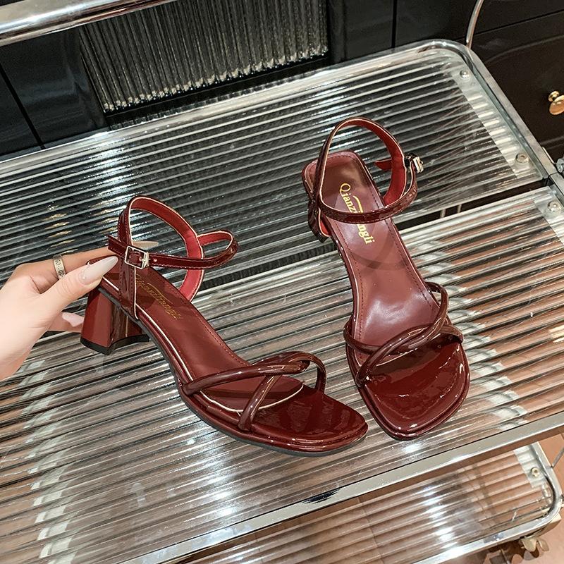 High-heeled sandals spring and summer 2025 new silver fashion pearl straps one-word strap thick-heeled sandals women
