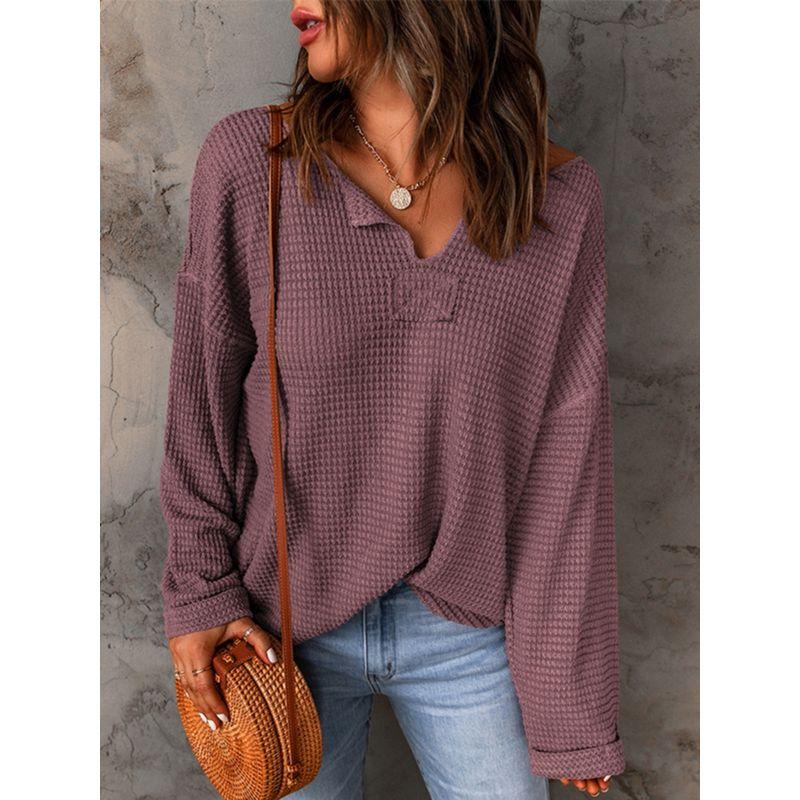 2024 Autumn Solid Color Waffle Knitting Long Sleeves T-shirt Female Fashion Drop-Shoulder Sleeve V-neck Casual Loose Pullover Female