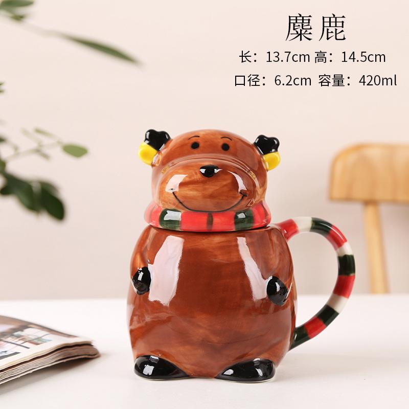 European Ceramic Coffee Mug with Lid Christmas Santa Claus Snowman Reindeer Cartoon Ceramic Breakfast Milk Mug Christmas Gift
