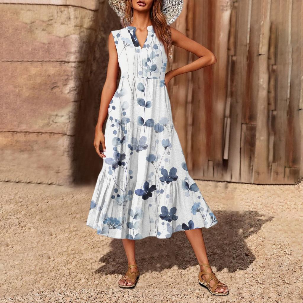 Women's Casual And Fashionable V-neck Sleeveless Printing Mid Length Dress
