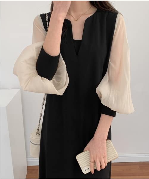 KKAERDIYA Chiffon Sleeve Slit Long Dress, Sheer, Neck, Sleeves, Women's, Spring/Summer (Size L, Beige)