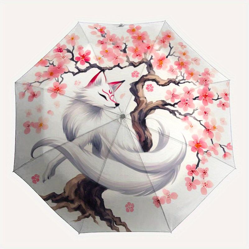 1pc Cherry Blossom Tree and Beautiful White Fox Automatic Open/CloseUmbrella-CuteUmbrella with Cute Design, Portable 3-Fold Compact Umbrella