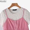ZANZEA Women Summer Casual Fake Two Piece Patchwork Short Sleeve T-Shirts