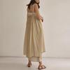 Johnature Summer Spaghetti Strap Dresses Simple Solid Color Fold All Match Cotton Backless Loose Women Dress