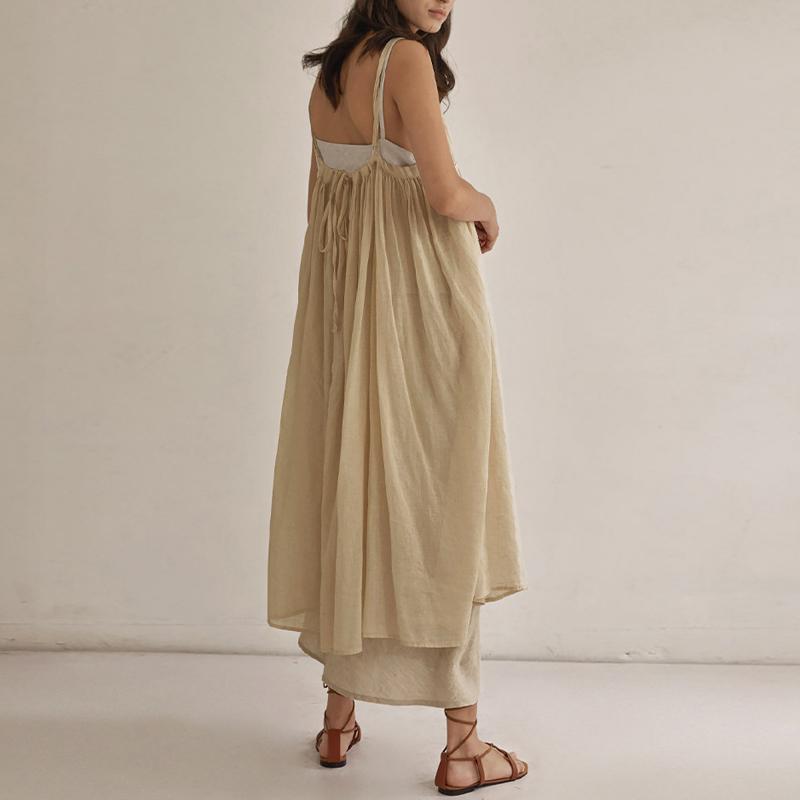 Johnature Summer Spaghetti Strap Dresses Simple Solid Color Fold All Match Cotton Backless Loose Women Dress