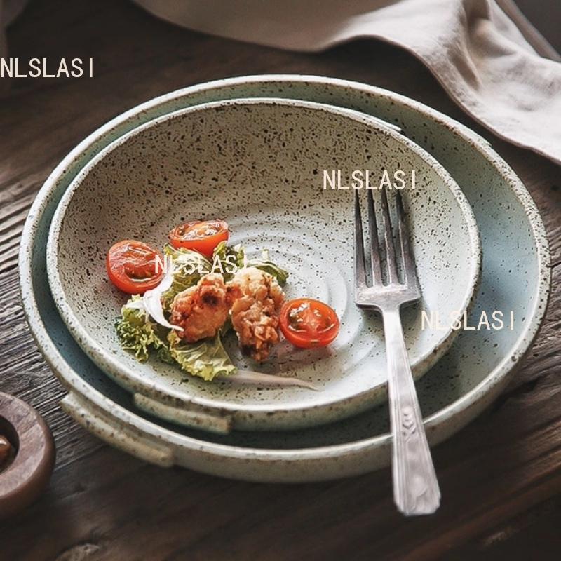 Double Ear Circular Dessert Plate Japanese Style Household Deep Plate Coarse Pottery Sushi Plate Household Tableware