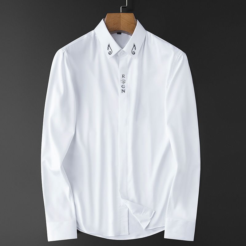 New Spring and Autumn High End Simple Fashion Trend Casual Thin Fit Flip Collar Embroidered Long Sleeved Shirt for Men