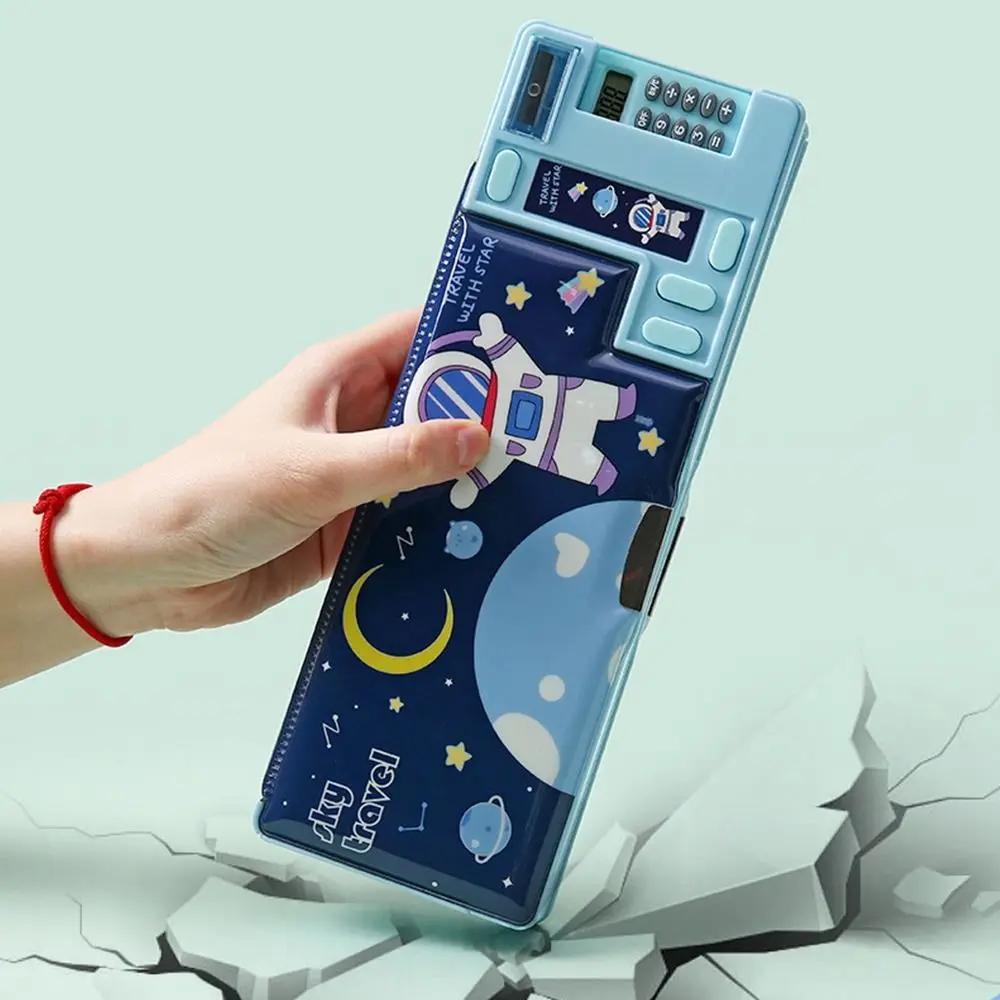 2025Double Layer Pencil Case Astronaut/Animal Design Pencil Sharpener Pencil Box Plastic With Calculator Stationery Organizer