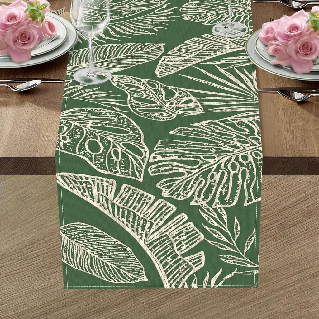 Spring Summer Tropical Plant Table Runner, Green Palm Leaves Monstera Kitchen Dining Table Decoration, Seasonal Botanical Burlap Indoor Outdoor Home