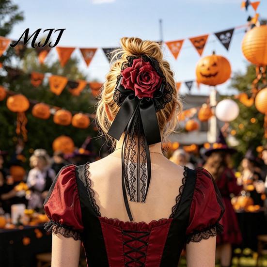 Cosplay Party Headwear Rose Bow Hair Clip, Lace Pearl Hairpin, Lolita Gothic Bowknot Romantic Bridal Accessories Hairpin for Women Bride Wedding