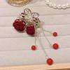 1Pc Vintage Elegant Red Flocked Rose Tassel Hair Clip Stylish Ponytail Claw Crab Clip For Girls Women Delicate Hair Accessories