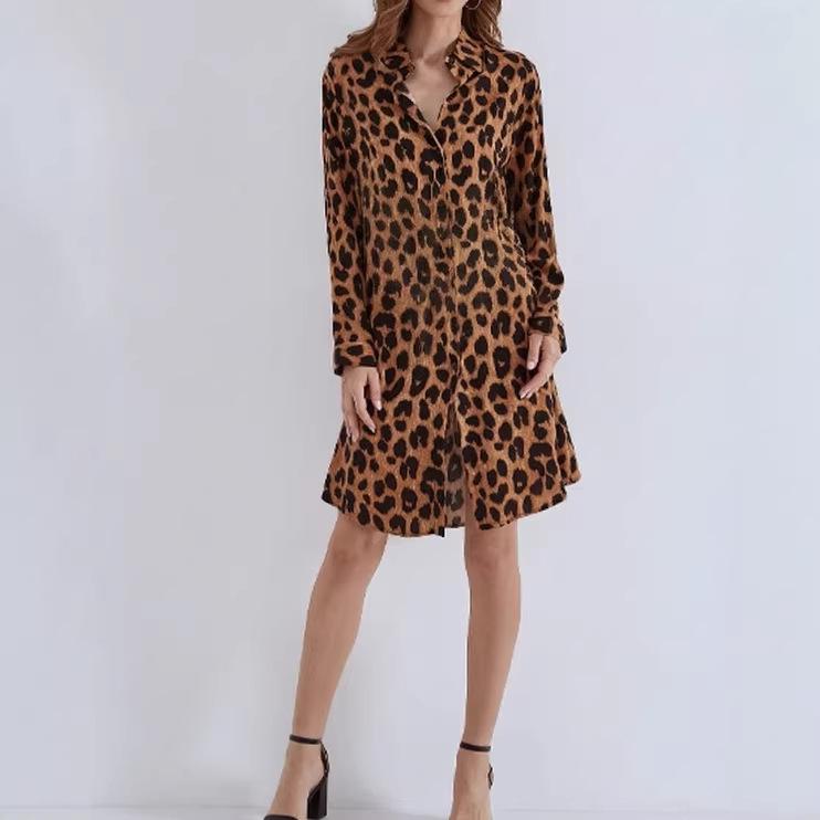 V-Ausschnitt Leo-Print Blumenkleid - Neuer Stil 2025, Europäische & Amerikanische Mode, Lässiges Langarm Damenbekleidung