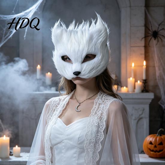 Kostým Lišky s dlouhou srstí Maska na obličej Dlouhá bílá srst Poloviční maska Halloween Maškaráda Cosplay Měkký samet Zvíře