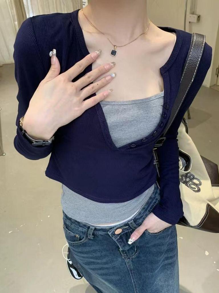 Korean Style Slim Fit Long Sleeve T-shirt - Women's Versatile Two-Piece Look, 260g, Autumn Winter Temperament