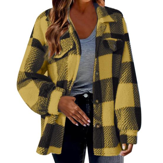 Giacca da donna autunno inverno con tasche finte, stampa scozzese a contrasto di colore, taglie forti, colletto rovesciato, monopetto, manica lunga, cardigan, cappotto di peluche