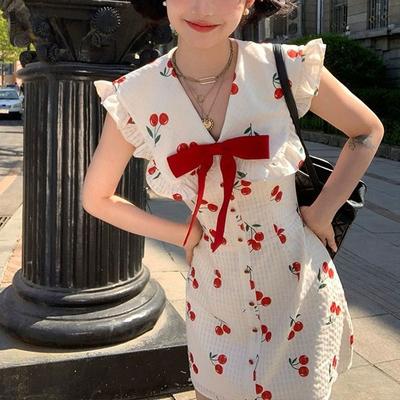Cherry Sweet Bow V-Neck Dresses Folds Patchwork Sleeveless Korean Slim Summer A-Line Waist Mini Dress