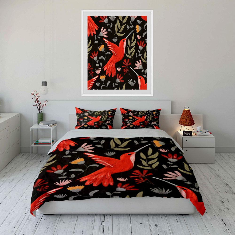 Hummingbird Floral Home Decor Soft Comfortable Duvet Cover Bedding Set Included 1*Duvet Cover & 2*Pillowcases, Gift