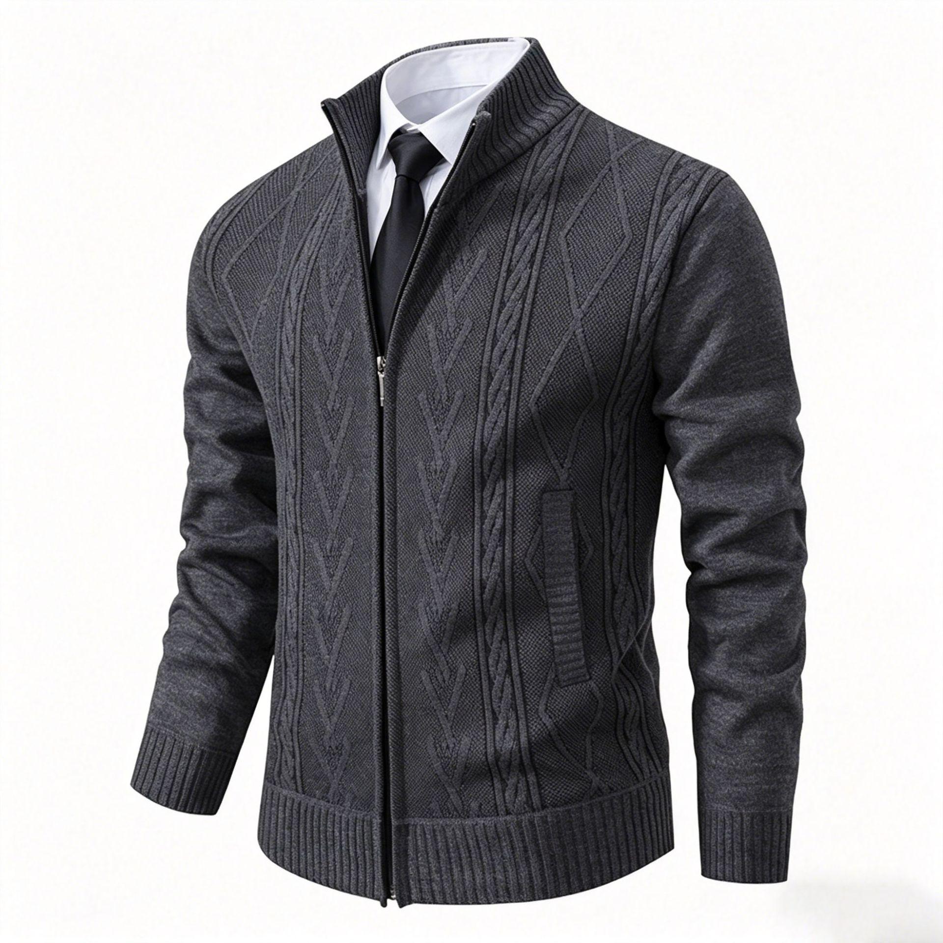 Men S Stand Collar Fleece Thick Cardigan Sweater Long Sleeve Winter Outerwear M серый