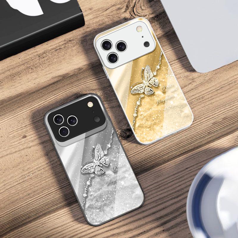Elegantní modrý motýl Pro iPhone 17 Air 16 E 15 14 13 Plus 12 mini 11 17 Pro Max XR Xs Max 16E 7 8 Tvrzené sklo Kryt na telefon