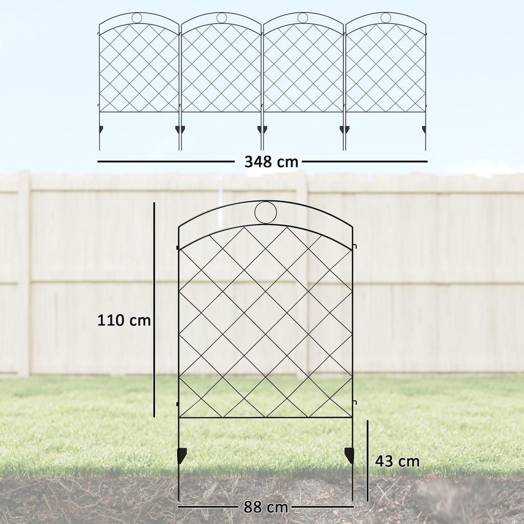 Steel Decorative Outdoor Picket Fence Panels Set of 4, Black