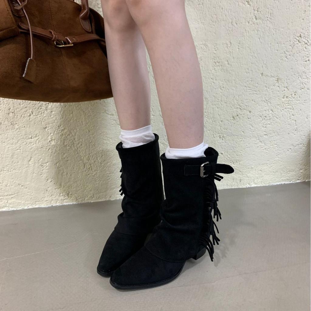 2025 autumn and winter new round head thick heel fringed Spice Girls nightclub Martin short boots versatile belt buckle thin boots