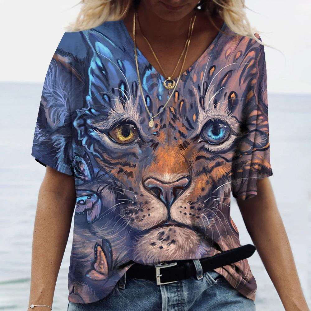 Women's 3D Animal Print Short-sleeved Shirt, Casual and Fashionable V-neck T-shirt