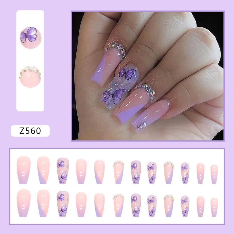 Shiny Shredded Diamond Ice Cream Taro Purple Butterfly Light Purple French Princess Wind Wear Nail Fake Nails