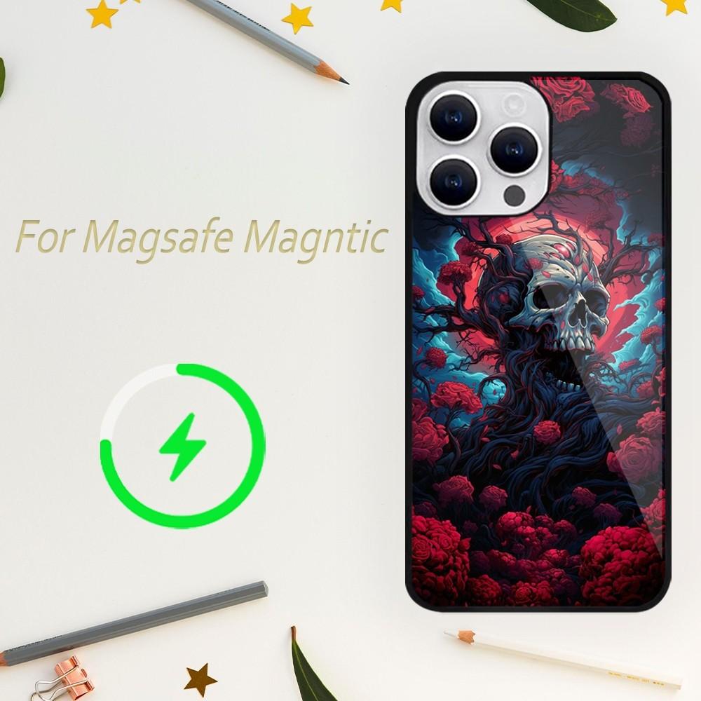 Etui na telefon Deluxe Skull Dead Flowers do iPhone'a 15 14 13 12 11 Plus Pro Max Magsafe Magnetic Wireless Charging