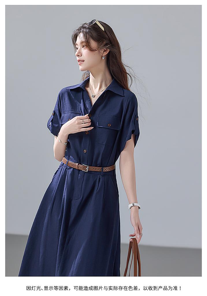 Relaxed Lapel Short-Sleeved Dress with Lining