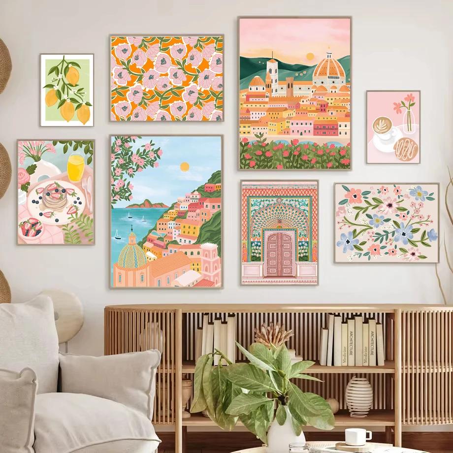 Santorini Lemon Coffee Flowers Abstract Landscape Posters and Prints Wall Art Canvas Painting Pictures For Living Room Home Deco
