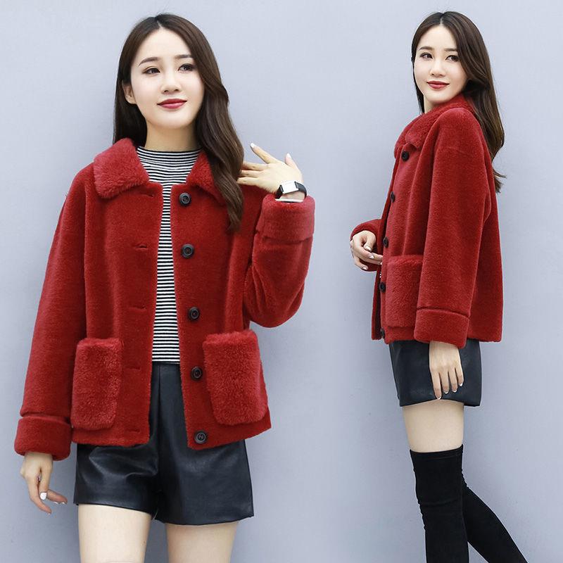 

Women s Versatile Haining Shearing Wool Lamb Fur Short Cardigan Jacket Large красный