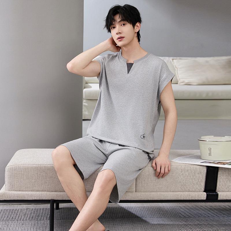 7A Antibacterial Plus Size Cotton Pajamas for Men - Short Sleeve & Shorts, Cooling, Round Neck, Summer Outerwear/Loungewear