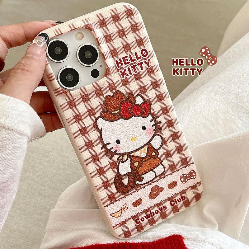 New Checked Denim Kt Cat Suitable for Iphone16promax Leather Pattern Apple 15 Protective Cover 14