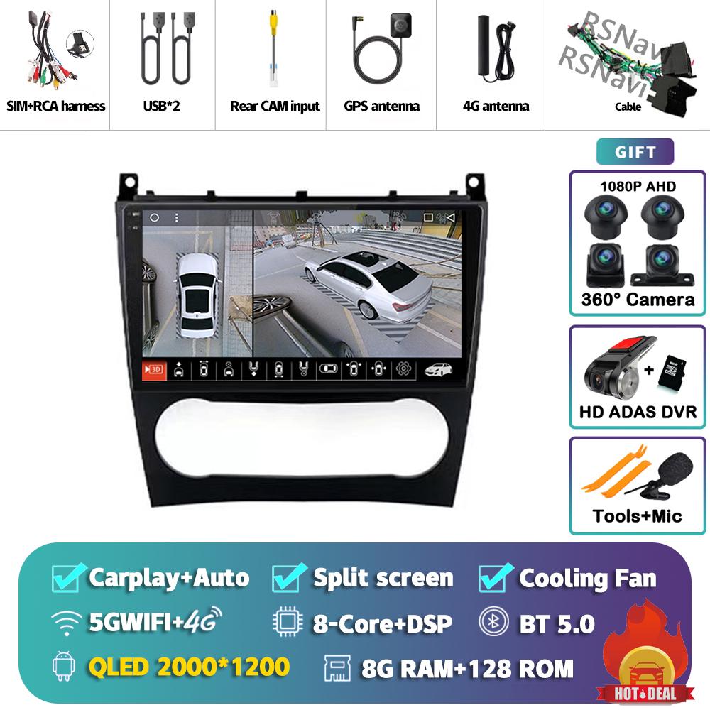 Android 14 Carplay Auto For Benz W203 Car Radio Player Multimedia Stereo Navigation 4G+WIFI AI Voice Head Unit DVD 360 Camera BT