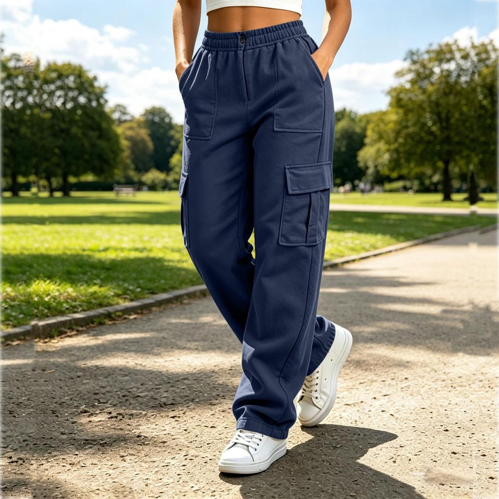 Women's Fashion Solid Color Drawstring High Waist Wide Leg Pants Casual Sporty Trousers with Pockets Elastic Waistband