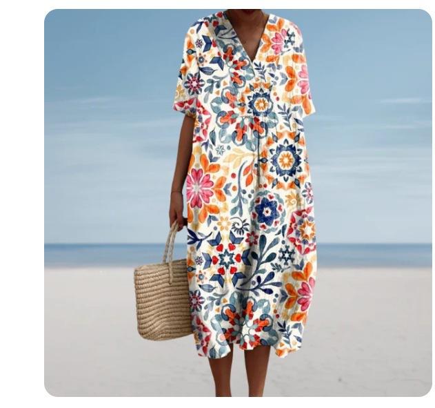 New Imitation Cotton Large Size Women's Shirt Short Sleeve Dress Ocean Vacation Company