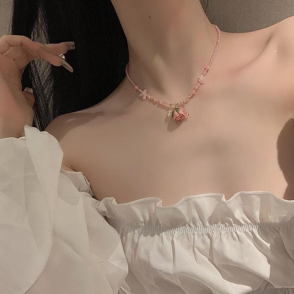 Elegant Rose Crystal Beaded Necklace - Unique Fairy-Inspired Choker for Women