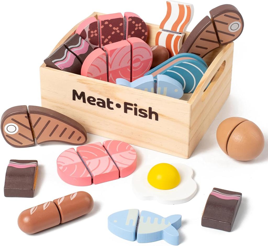 Wooden Pretend Play Kitchen Toys Cutting Food Accessories Set Fruit Vegetable Bakery Meat Fish Early Educational Cognition Toys