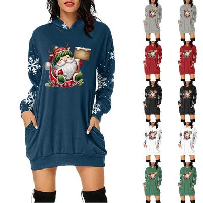 Robe pull à capuche à manches longues et imprimé de Noël pour femme avec poche
