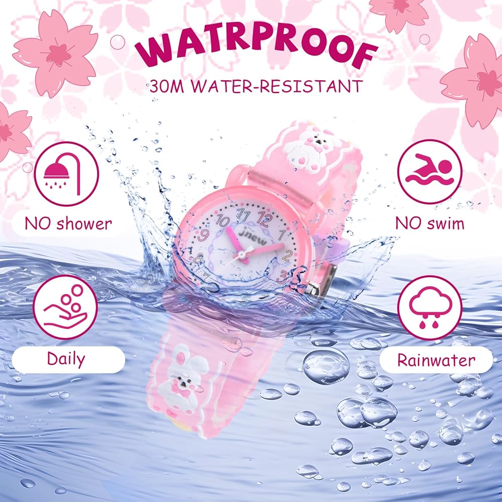 Maeau Kids Quartz Analog Watch Waterproof Pink Rabbit Design Girls Wristwatch for School and Birthdays