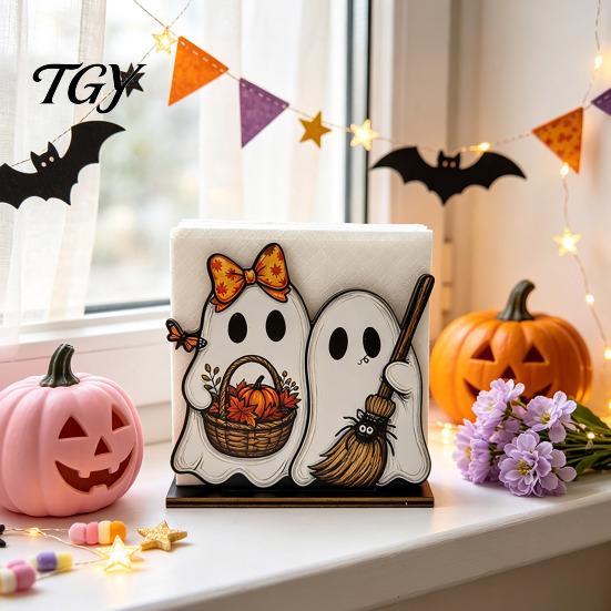 Decorative Wood Towel Rack Halloween Wooden Napkin Holder, Cute Ghost Black Cat Vertical Paper Organizer for Kitchen Stand, Table Tissue Festive Party