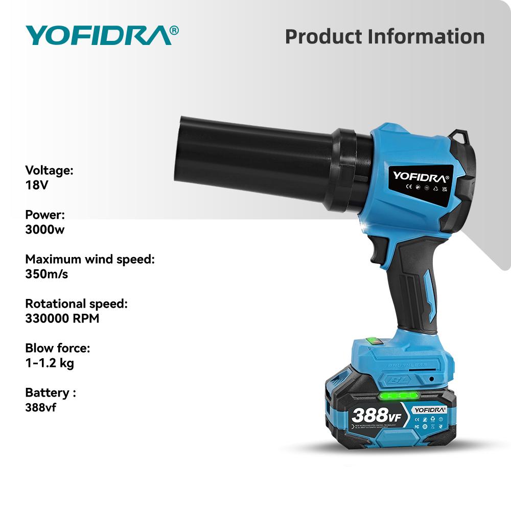 Yofidra 350M/S Brushless Electric Turbo Fan Blower 3000W Cordless Jet Snow Leaf Dust Air Blowing Tool for Makita 18V Battery